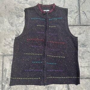 Vintage Coldwater Creek Knit Sweater Vest Black Rainbow Stitching Confetti L